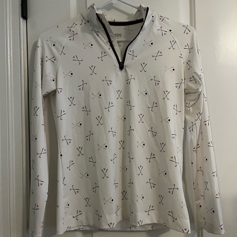 Girls White Long Sleeve Golf Pullover with Pattern